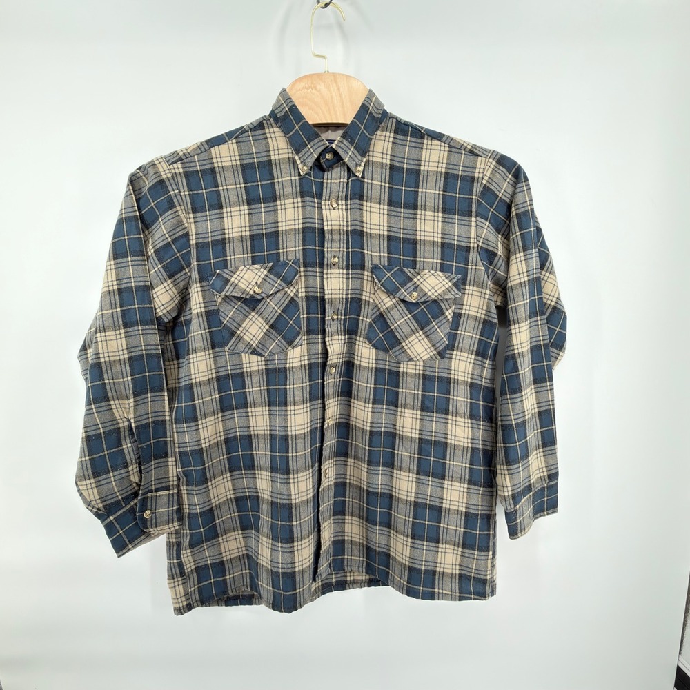 Van Heusen Flannel Shirt Mens Large Blue Beige Black Plaid Button Front